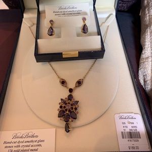 Brooks Brothers Gold and Amethyst Glass Necklace and Earring Set, NIB